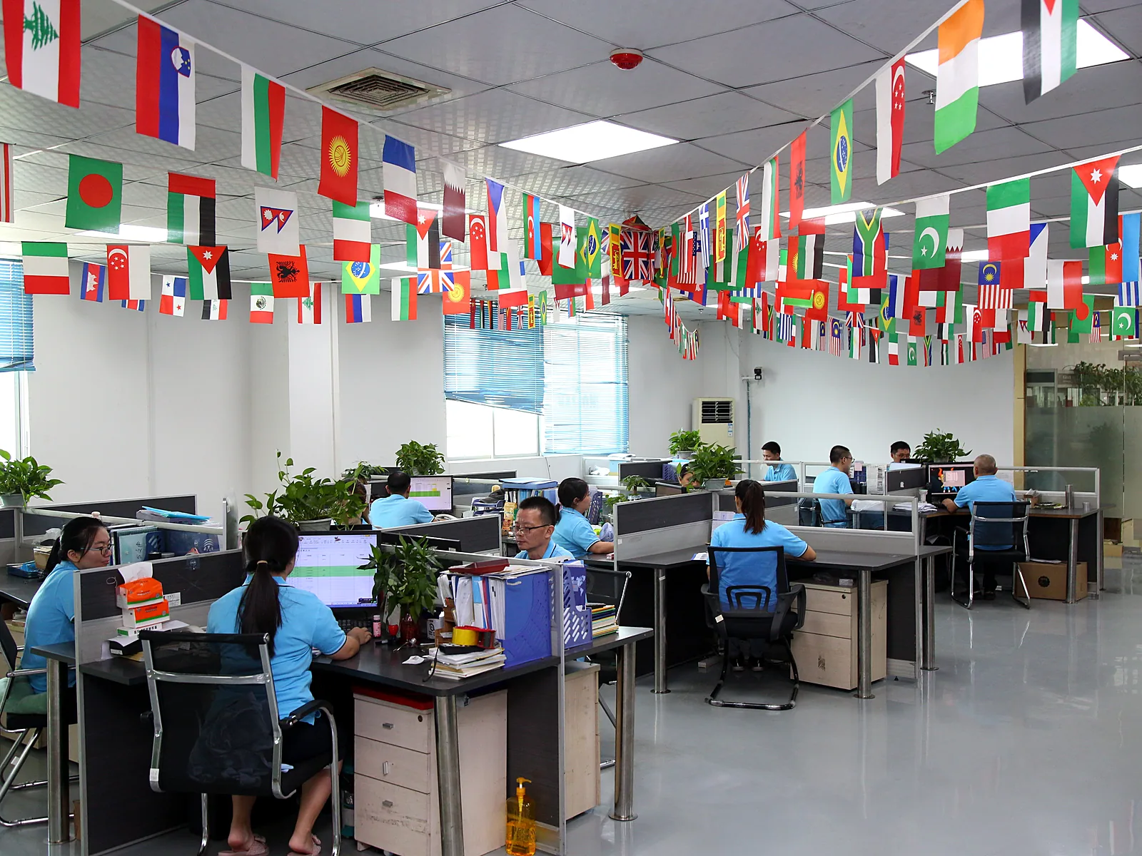 Open-plan export office with national flags overhead