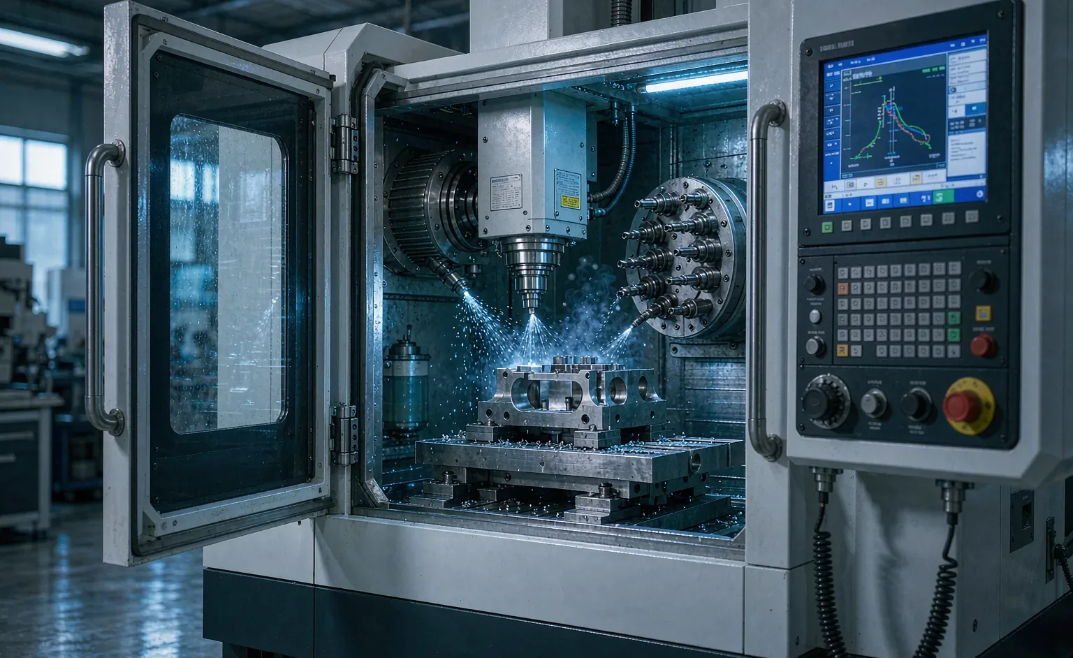5-axis CNC machining centre cutting an aluminum part