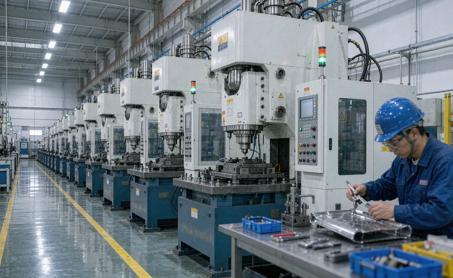 Row of mechanical stamping presses on the factory floor
