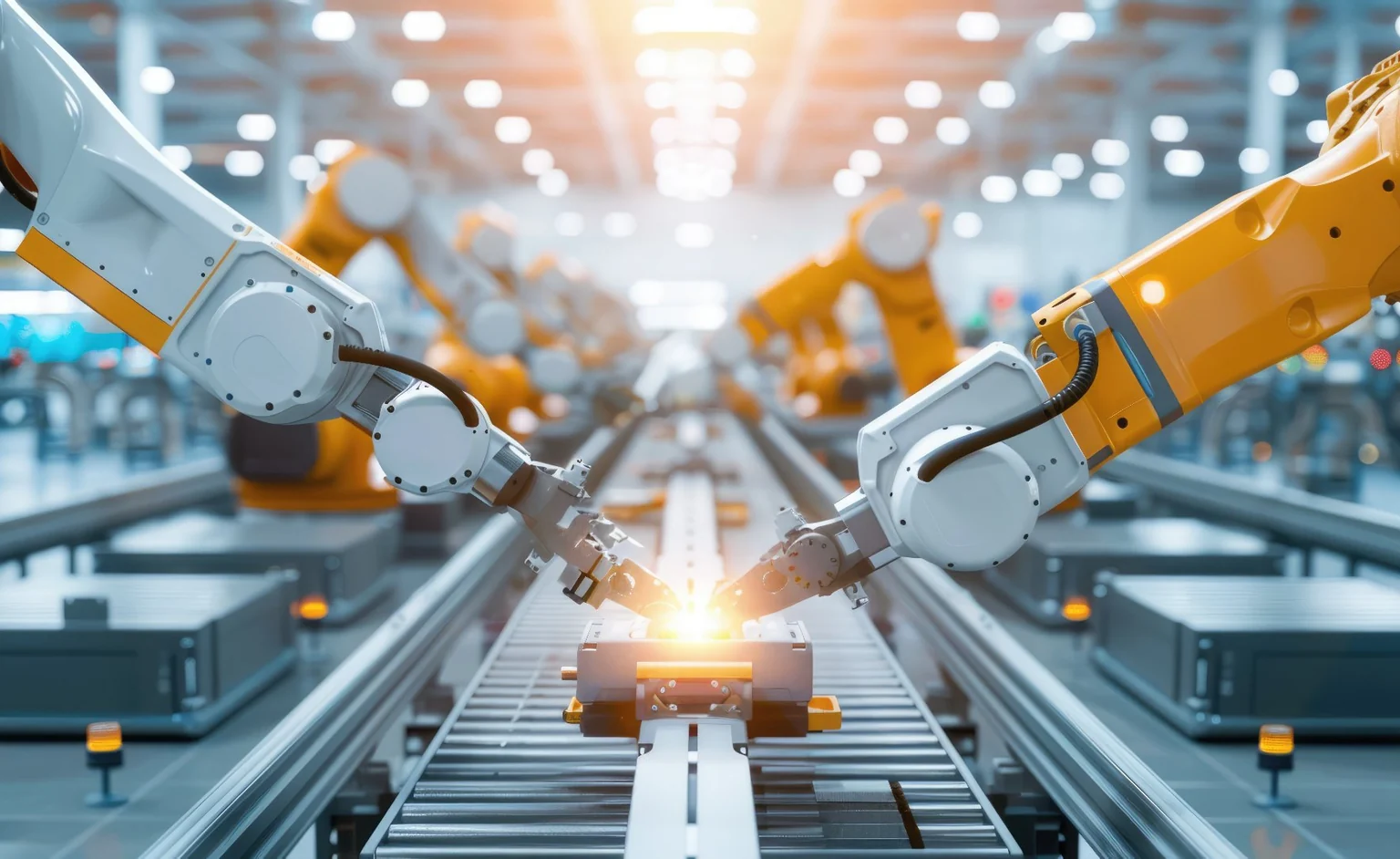 Robotic arms assembling precision parts on an automated production line