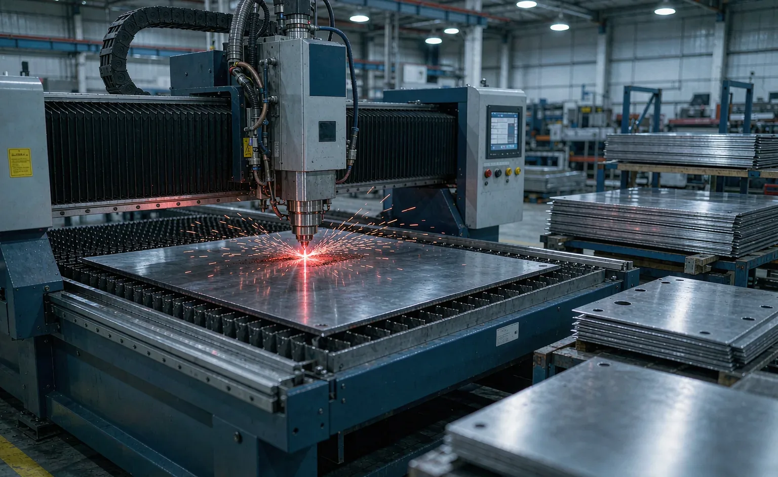 Fiber laser cutting a stainless steel sheet with sparks