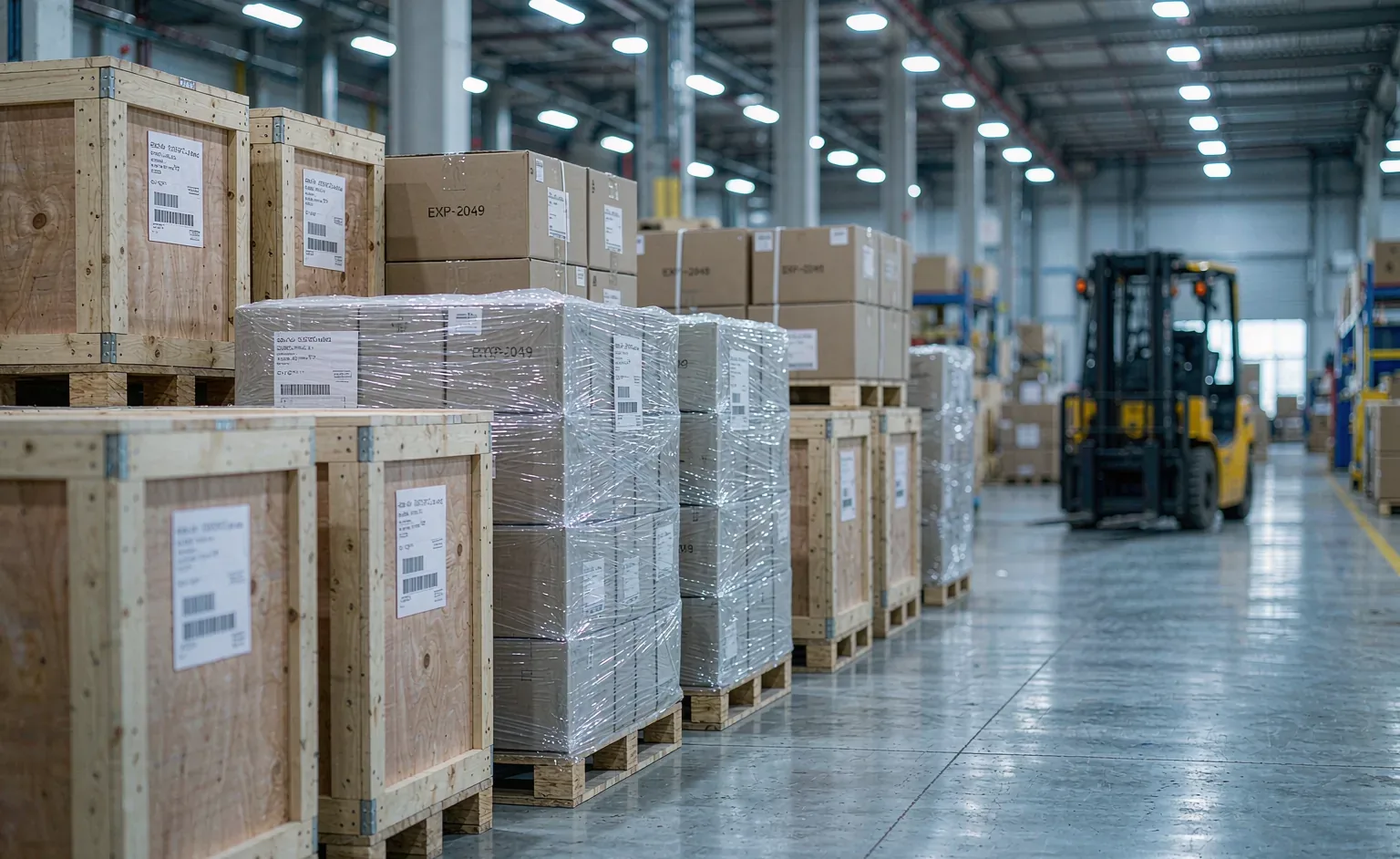 Export packing area with crates and cartons
